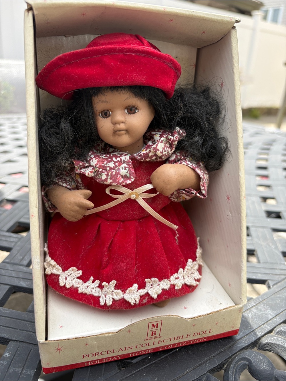 Porcelain Collectible Doll in Red Velvet Dress and Hat